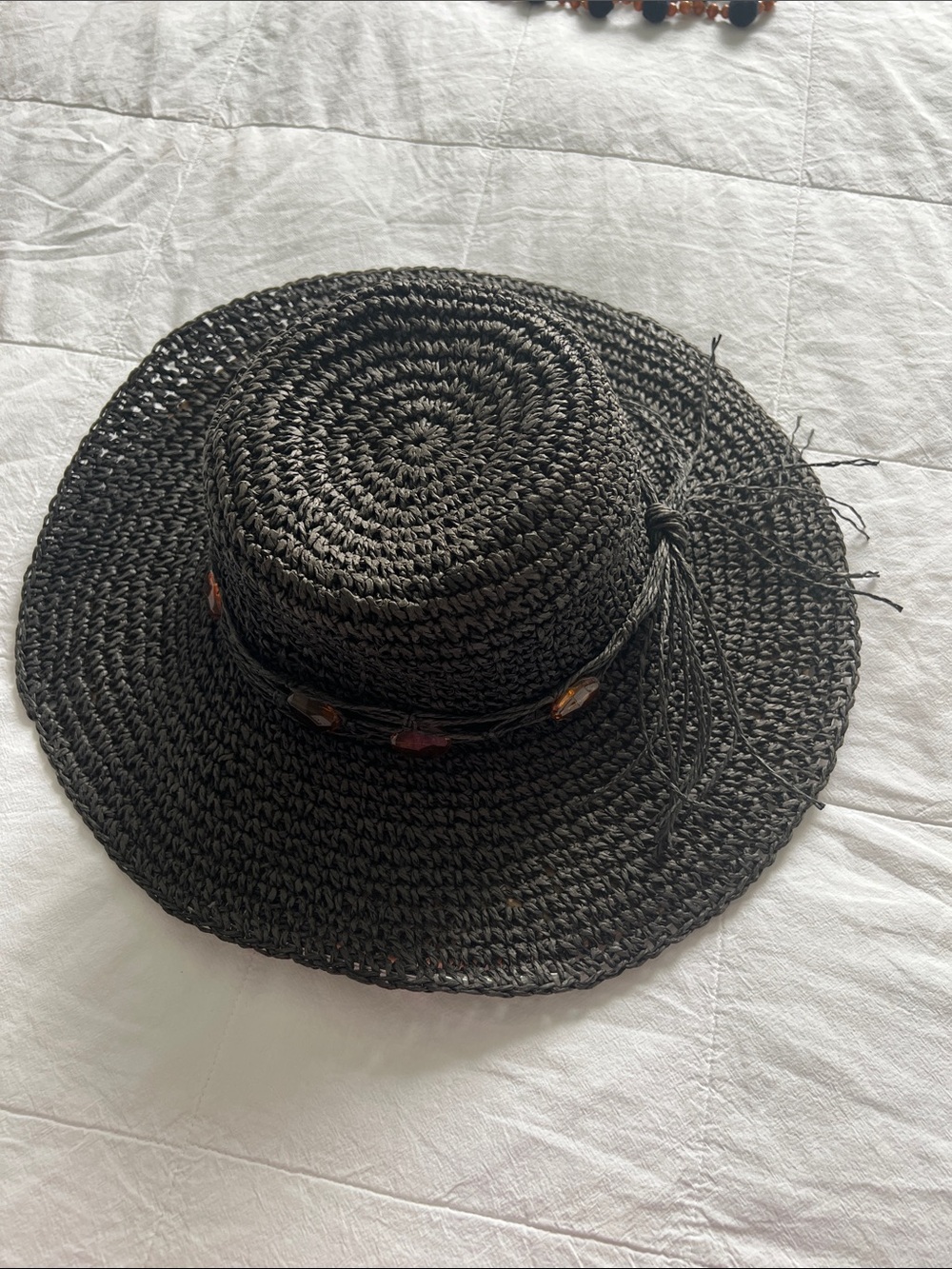 Black Woven Straw Sun Hat with Bead Accent